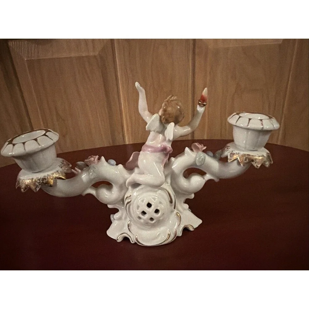 UCACGO Double Candlestick Holder Cherub Pink Roses Hand Painted Porcelain. Japan